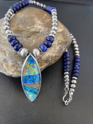Men's Sterling Silver Necklace | Blue Lapis Bead Opal Inlay Pendant | Authentic Native American Handmade | 10585