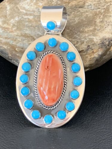 Navajo Multi-Stone Cluster Pendant | Blue Turquoise & Spiny Oyster | Sterling Silver | 11564