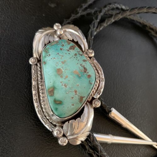 Navajo Green Royston Turquoise Bolo Tie | Sterling Silver | Authentic Native American Handmade | 14110