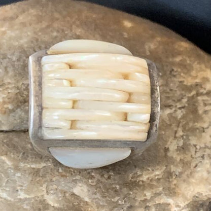 Native American White Mother of Pearl Navajo Inlay Ring | Sterling Silver | Sz 7.5 | 12864