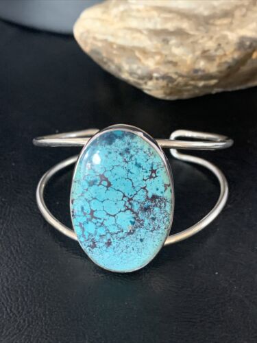 Women's Sterling Silver Blue Kingman Turquoise Cuff Bracelet | Authentic Native American Handmade | 14066