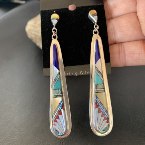 Navajo Multi-Color Turquoise Coral Mother of Pearl Inlay Earrings | Sterling Silver | 3" | 2097