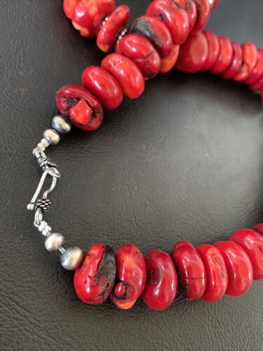 Navajo Red Coral Bead Necklace | Sterling Silver | 20" | Authentic Native American Handmade | 13375
