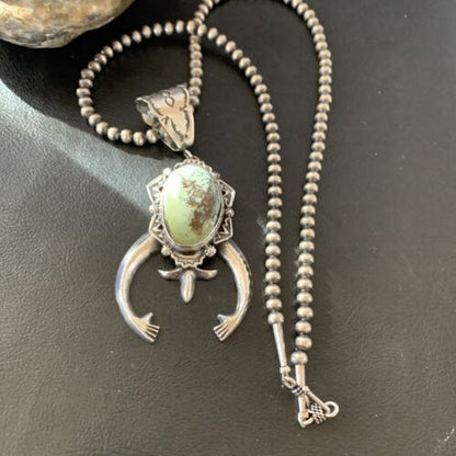 Navajo Green Spiderweb Turquoise Necklace with Naja Pendant | Sterling Silver | Authentic Native American Handmade | 2246 - Masha USA