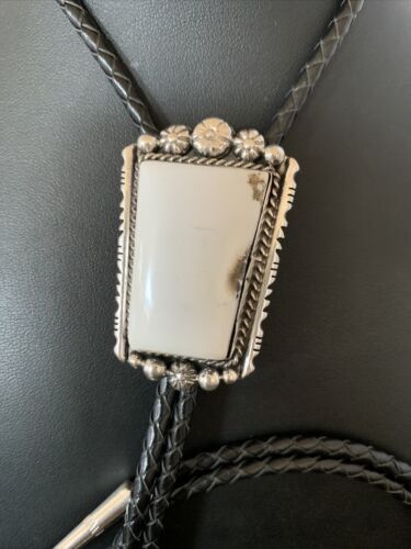 Men's Bolo Tie | White Buffalo Turquoise | Sterling Silver | Navajo | Authentic Native American Handmade | 12906