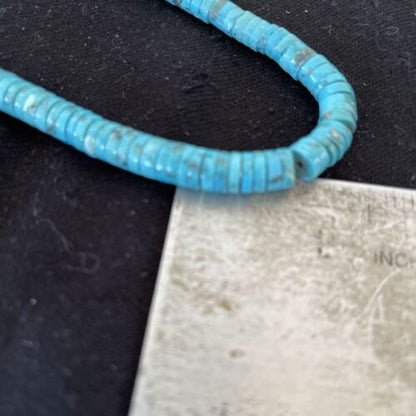 Navajo Blue Turquoise Heishi Necklace with Sterling Silver & Graduated Pearl Stab | Authentic Native American | 17" | 01184