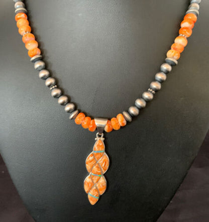 Navajo Pearls Sterling Silver Necklace | Orange Spiny Oyster Inlay Pendant | Authentic Native American Handmade | 11314