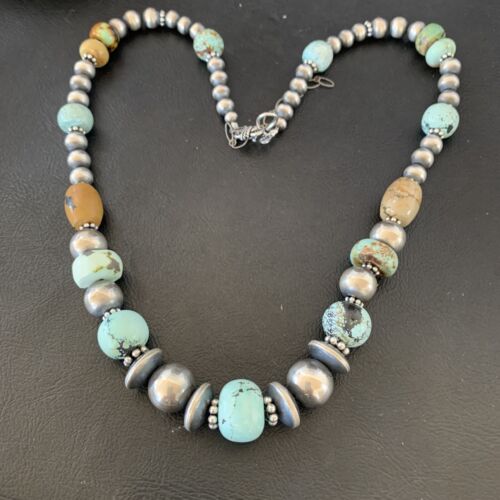 Navajo Pearl Dry Creek Turquoise Beads Necklace | Sterling Silver | 21" | Authentic Native American Handmade | 10980