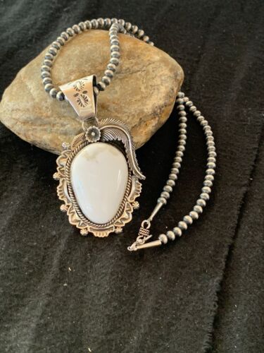 White Buffalo Turquoise Pendant Necklace | Navajo Sterling Silver | Authentic Native American Handmade | 4240