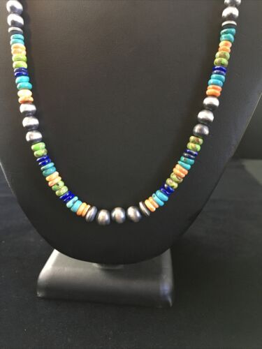 Navajo Orange Spiny Oyster Necklace | Sterling Silver Pearls | 21" | Authentic Native American Handmade | 1763