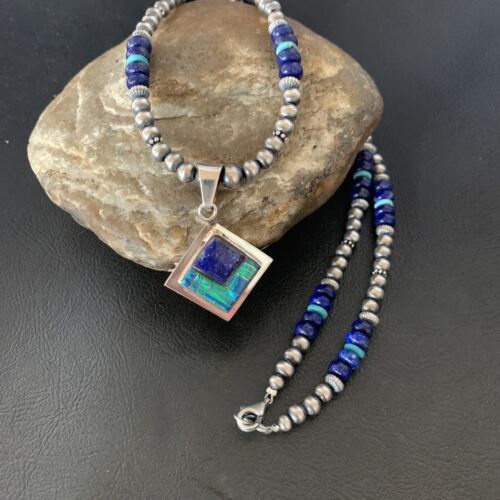 Men's Navajo Blue Lapis Turquoise Opal Inlay Pendant Necklace | Sterling Silver | 21" | 12607