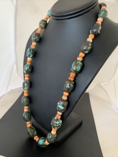 Navajo Green Turquoise & Orange Spiny Oyster Necklace | Sterling Silver | 25" | Authentic Native American Handmade | 1849