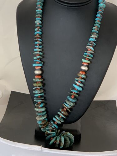 Navajo Pearls Natural Blue Turquoise & Spiny Oyster Necklace | Sterling Silver | Graduated | Authentic Native American | 28" | 00381