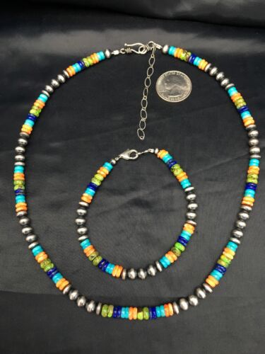 Southwestern Turquoise Spiny Oyster Lapis Necklace & Bracelet Set | Sterling Silver | 18" | Authentic Native American Handmade