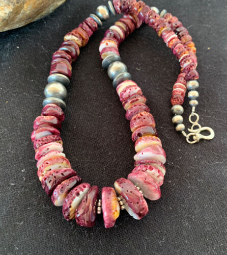 Purple Spiny Oyster Pendant with Sterling Silver Navajo Pearls Necklace | Graduated | Authentic Native American | 17" | 13812