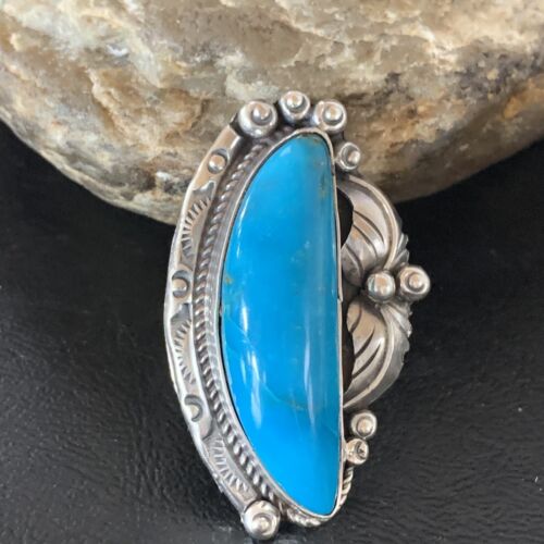 Navajo Blue Kingman Turquoise Ring | Sterling Silver Feather | Sz 9.5 | Authentic Native American Handmade | 10853
