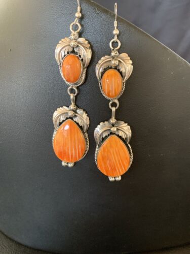 Navajo Orange Spiny Oyster Dangle Earrings | Sterling Silver | Authentic Native American Handmade | 12201