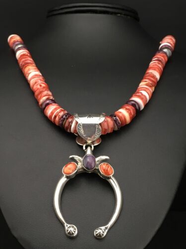 Navajo Spiny Oyster Naja Necklace | Sterling Silver Pendant | 22" | Authentic Native American Handmade | 1275