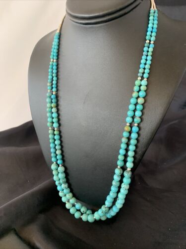 Navajo Blue Turquoise Bead Necklace | Sterling Silver | 25" | Authentic Native American Handmade | 11665 - Masha USA