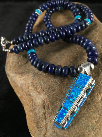 Navajo Opal, Lapis & Turquoise Inlay Pendant Necklace | Sterling Silver | Authentic Native American Handmade | 3348