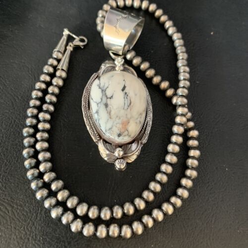 White Buffalo Turquoise Pendant Necklace | Sterling Silver | Navajo | Authentic Native American Handmade | 13991