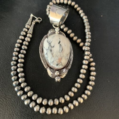 White Buffalo Turquoise Pendant Necklace | Sterling Silver | Navajo | Authentic Native American Handmade | 13991