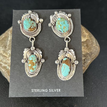Navajo Blue #8 Turquoise Dangle Earrings | Sterling Silver | Authentic Native American Handmade | 14339 - Masha USA