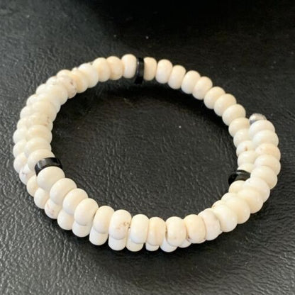 Memory Wire Stainless Steel Howlite Onyx Bead Bracelet | Sterling Silver | Native American Handmade | 1957
