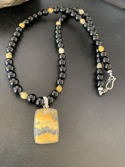 Men's Navajo Pearls Onyx Bumblebee Jasper Necklace Pendant | Sterling Silver | Native American Handmade | 10327