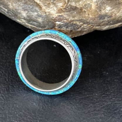 Navajo Blue Opal Inlay Eternity Band Ring | Sterling Silver | Sz 6 | Authentic Native American Handmade | 14546 - Masha USA