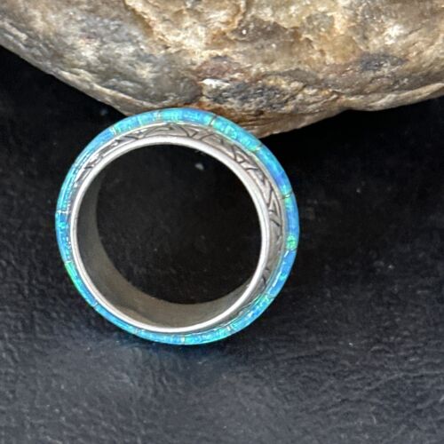 Navajo Blue Opal Inlay Eternity Band Ring | Sterling Silver | Sz 8 | Authentic Native American Handmade | 14544