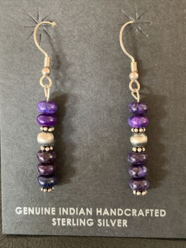 Navajo Purple Sugilite Dangle Bead Earrings | Sterling Silver | 1" | Authentic Native American Handmade | 13066