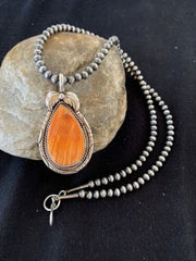 Navajo Orange Spiny Oyster Pendant Necklace | Sterling Silver | Authentic Native American Handmade | 00325