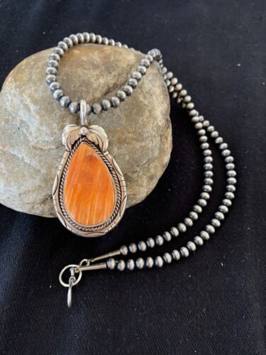Navajo Orange Spiny Oyster Pendant Necklace | Sterling Silver | Authentic Native American Handmade | 00325