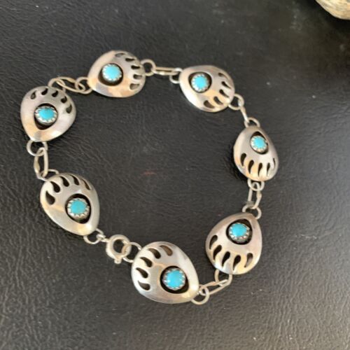 Southwestern Turquoise Bear Paw | Navajo Sterling Silver Link Bracelet | 8693