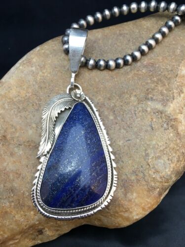 Men's Sterling Silver Navajo Pearls Necklace with Denim Lapis Pendant | Authentic Native American Handmade | 1006