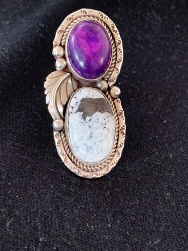 Navajo White Buffalo Turquoise & Sugilite Ring | Authentic Native American Sterling Silver | Multi-Stone | Sz 9.5 | 00309