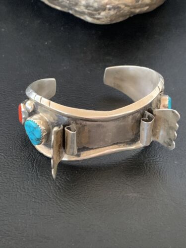 Navajo Sterling Silver Watch Cuff Bracelet | Blue Turquoise & Coral | Authentic Native American Jewelry | 12169