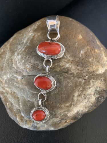 Navajo Red Coral Multi-Stone Necklace Pendant | Authentic Native American Sterling Silver | Multi-Stone | 13244