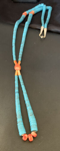 Southwestern Santo Domingo Pink Coral Blue Turquoise Jacla Necklace | 30" | Authentic Native American Handmade | 12517