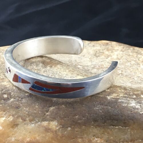Navajo Ruby Coral Lapis Inlay Bracelet | Sterling Silver | Authentic Native American Handmade | 1098