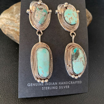 Navajo Blue Dry Creek Turquoise Post Dangle Earrings | Sterling Silver | Authentic Native American Handmade | 13875