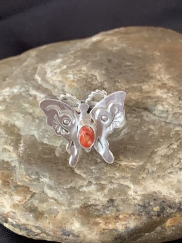 Navajo Red Spiny Oyster Butterfly Ring | Sterling Silver | Adj Sz 7 | Authentic Native American Handmade | 10678