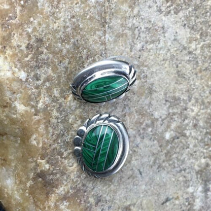 Navajo Green Malachite Inlay Earrings | Sterling Silver | Authentic Native American Handmade | 1987