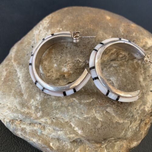 Navajo Pink Mother of Pearl and Onyx Inlay Hoop Earrings | Sterling Silver | Authentic Native American Handmade | 12674
