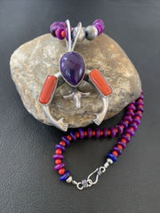 Navajo Sterling Silver Necklace with Purple Sugilite and Red Coral Naja Pendant | Authentic Native American Handmade | 02150