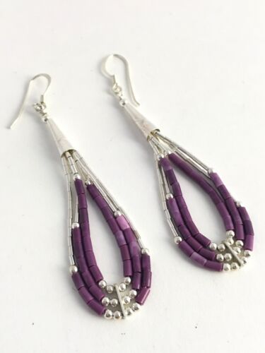 Native American Sugilite Heishi Tube Dangle Earrings | Sterling Silver | 2" | 8874