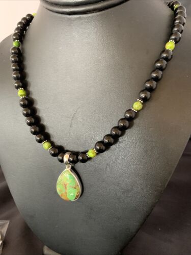 Navajo Pearls Onyx Mojave Turquoise Pendant Necklace | Sterling Silver | Authentic Native American Handmade | 13253