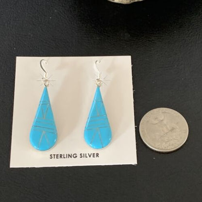 Navajo Blue Turquoise Inlay Dangle Drop Earrings | Sterling Silver | 1.5" | 13311