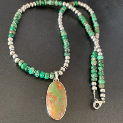 Navajo Pearls Green Turquoise Pendant Necklace | Sterling Silver Beads | Authentic Native American Handmade | 13309